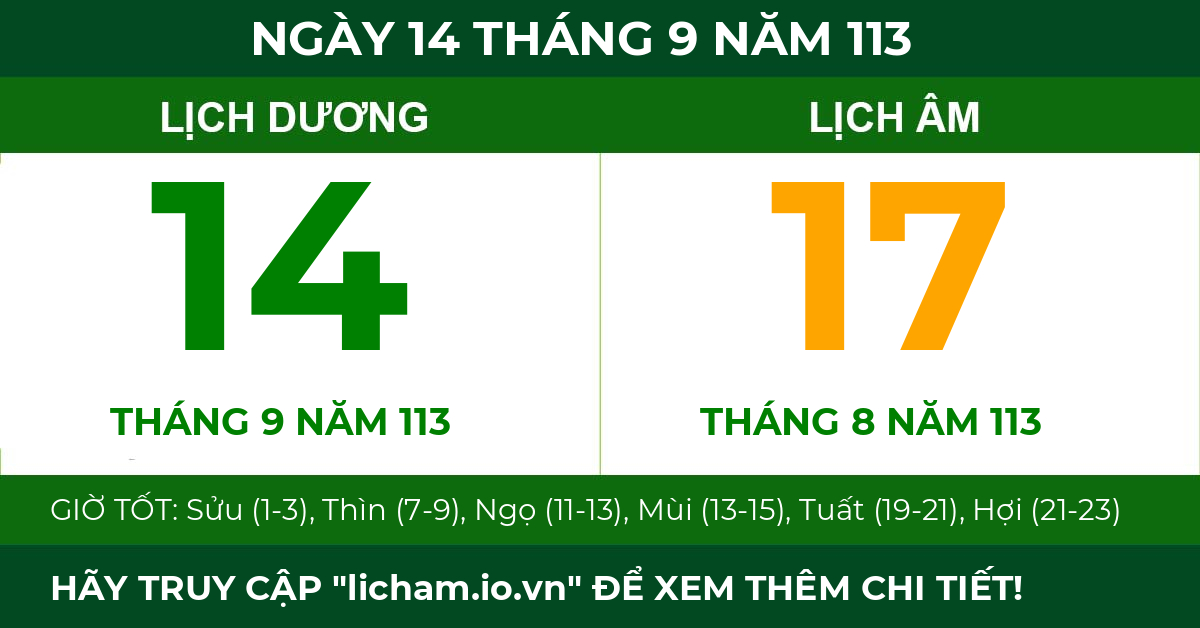 lịch âm ngày 14 tháng 9 năm 113