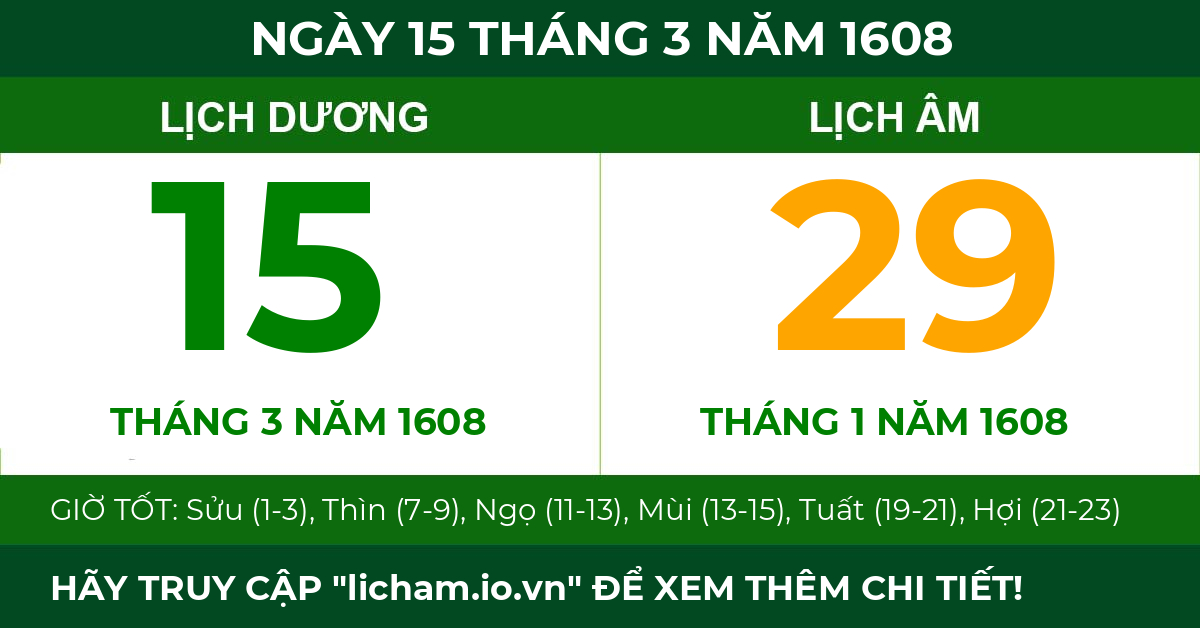 lịch âm ngày 15 tháng 3 năm 1608