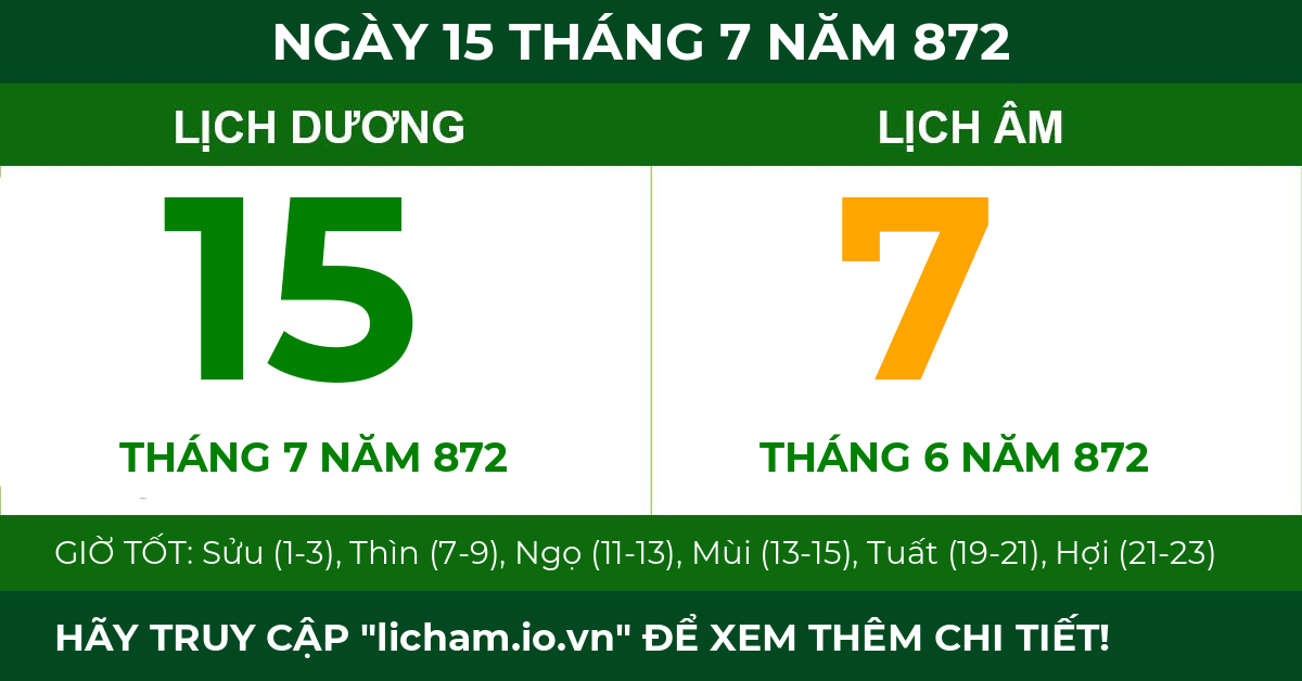lịch âm ngày 15 tháng 7 năm 872