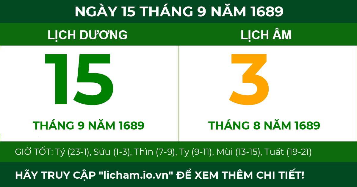 lịch âm ngày 15 tháng 9 năm 1689