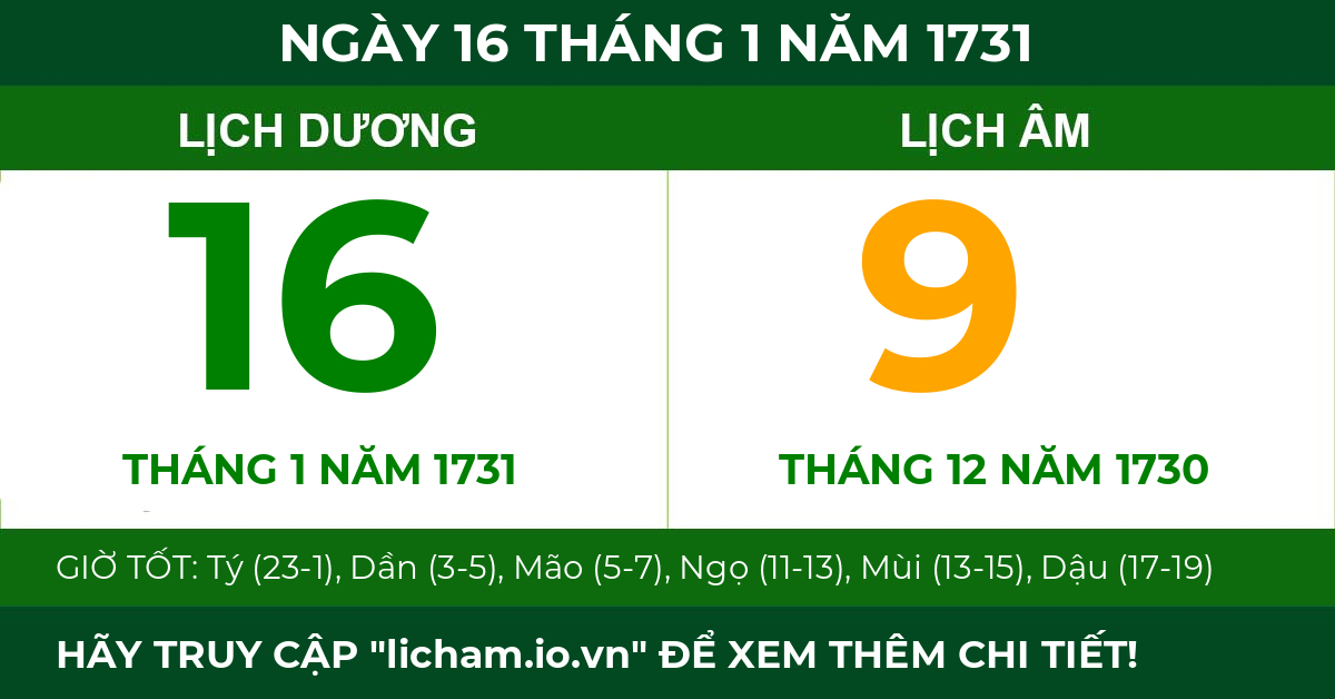 lịch âm ngày 16 tháng 1 năm 1731