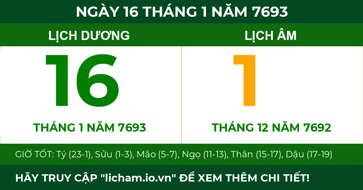 lịch âm ngày 16 tháng 1 năm 7693