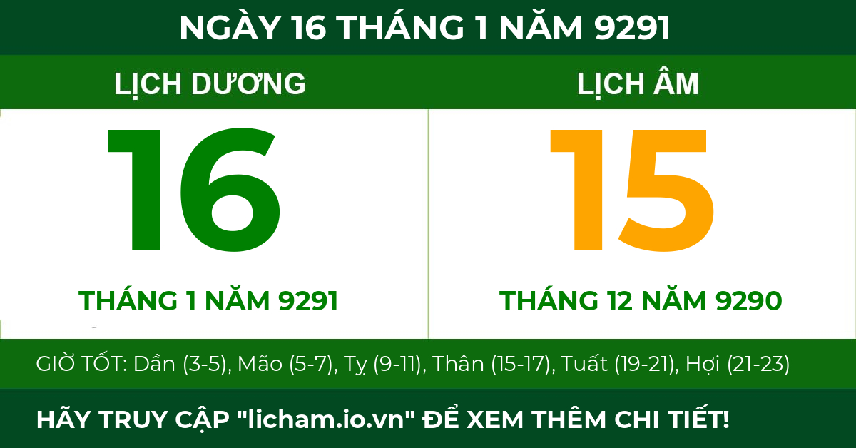 lịch âm ngày 16 tháng 1 năm 9291