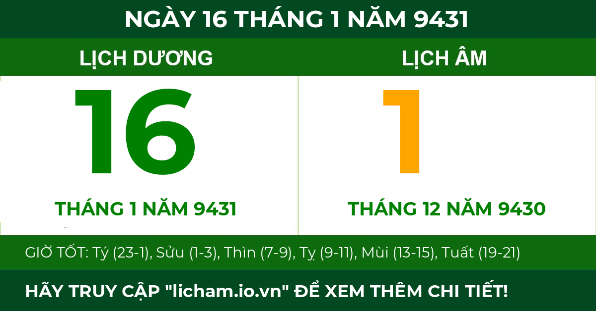 lịch âm ngày 16 tháng 1 năm 9431