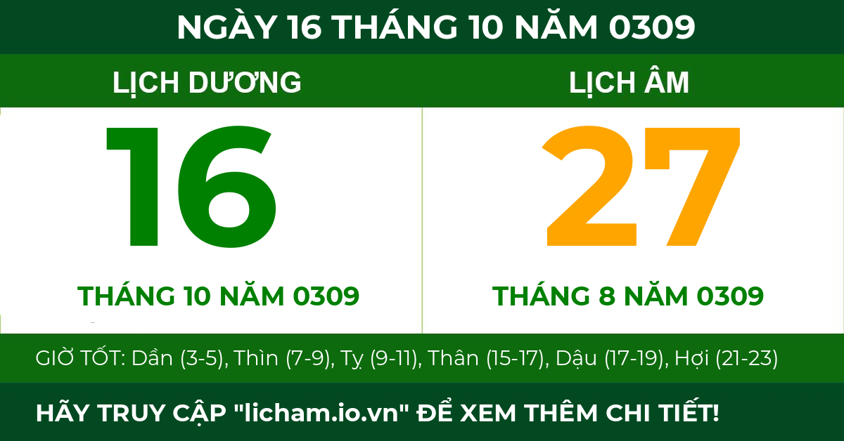 lịch âm ngày 16 tháng 10 năm 0309
