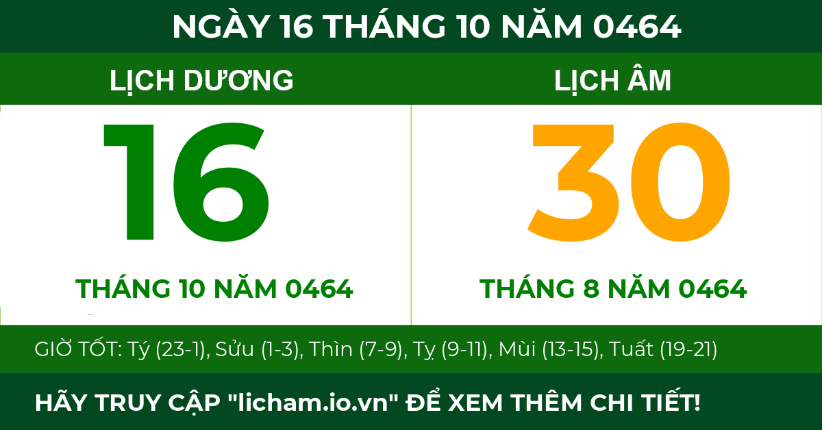 lịch âm ngày 16 tháng 10 năm 0464