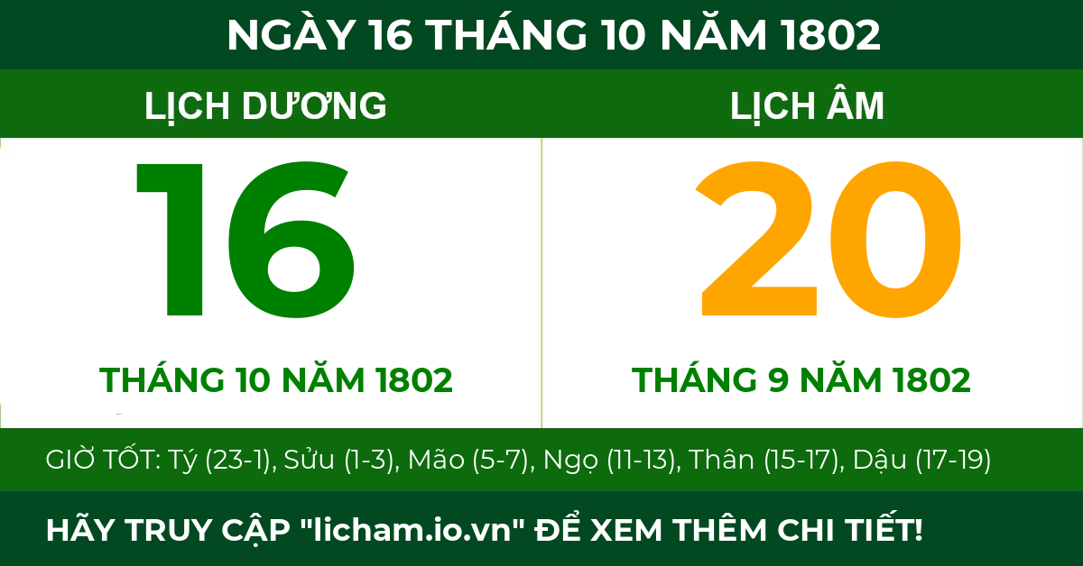 lịch âm ngày 16 tháng 10 năm 1802