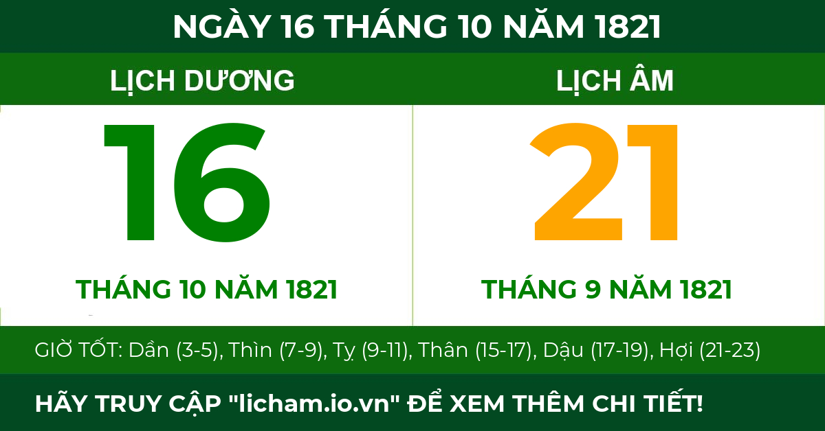 lịch âm ngày 16 tháng 10 năm 1821