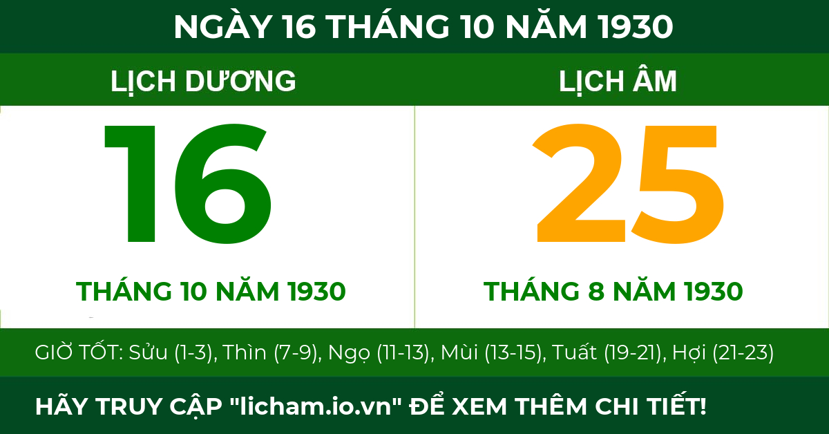 lịch âm ngày 16 tháng 10 năm 1930