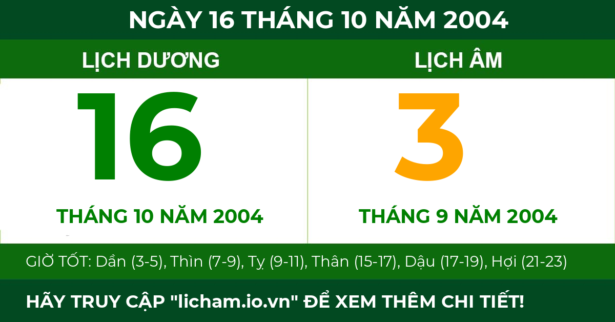 lịch âm ngày 16 tháng 10 năm 2004