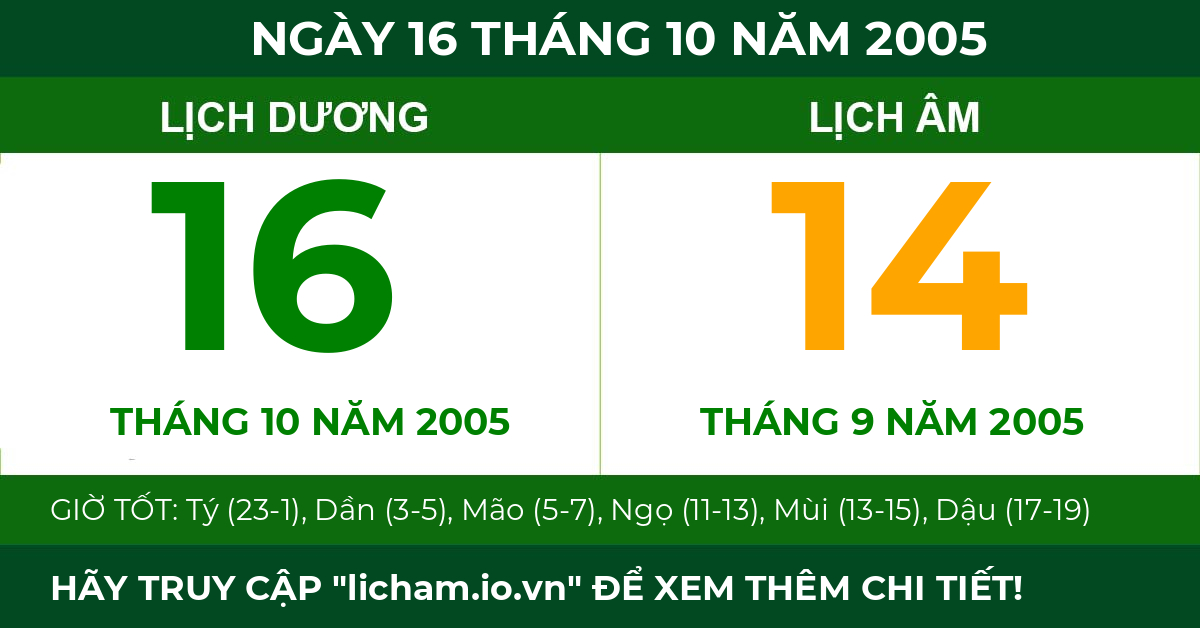 lịch âm ngày 16 tháng 10 năm 2005