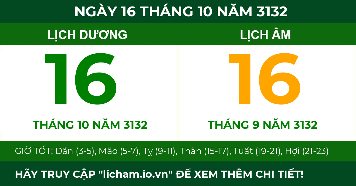 lịch âm ngày 16 tháng 10 năm 3132