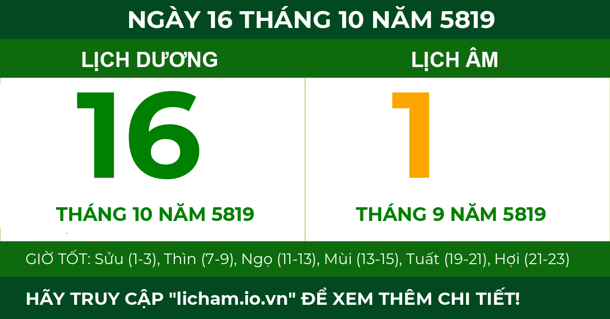 lịch âm ngày 16 tháng 10 năm 5819