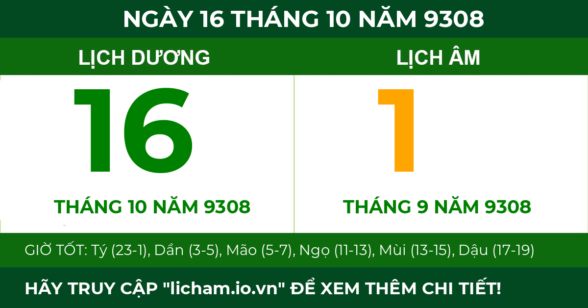 lịch âm ngày 16 tháng 10 năm 9308