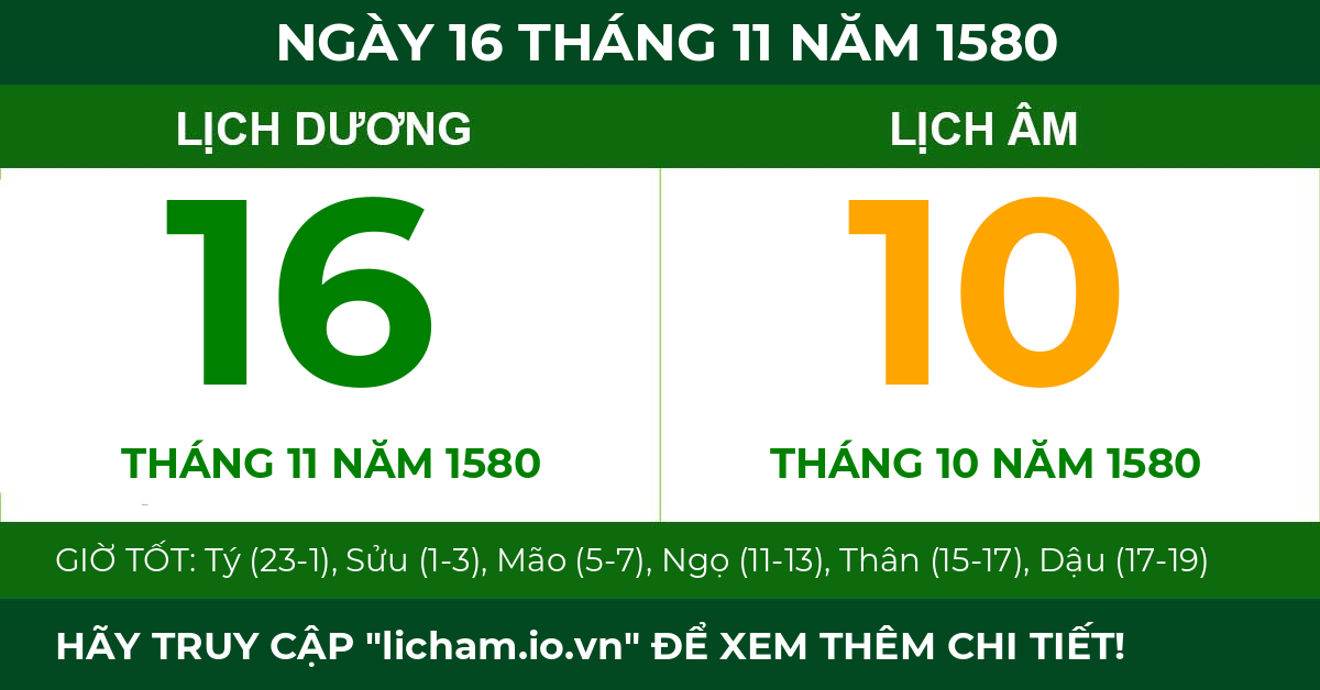 lịch âm ngày 16 tháng 11 năm 1580