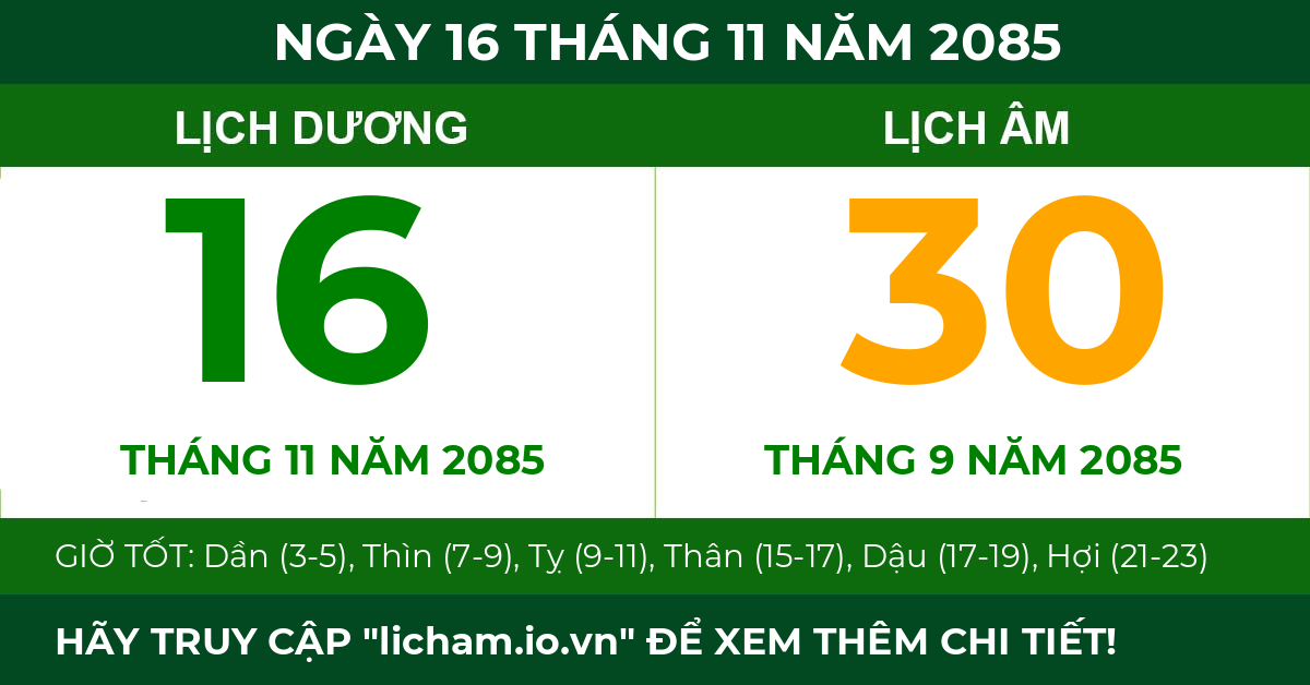 lịch âm ngày 16 tháng 11 năm 2085