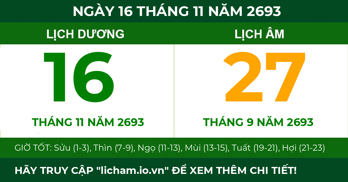 lịch âm ngày 16 tháng 11 năm 2693