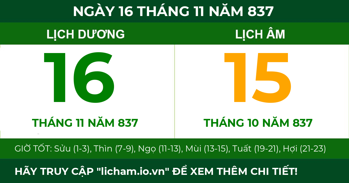 lịch âm ngày 16 tháng 11 năm 837