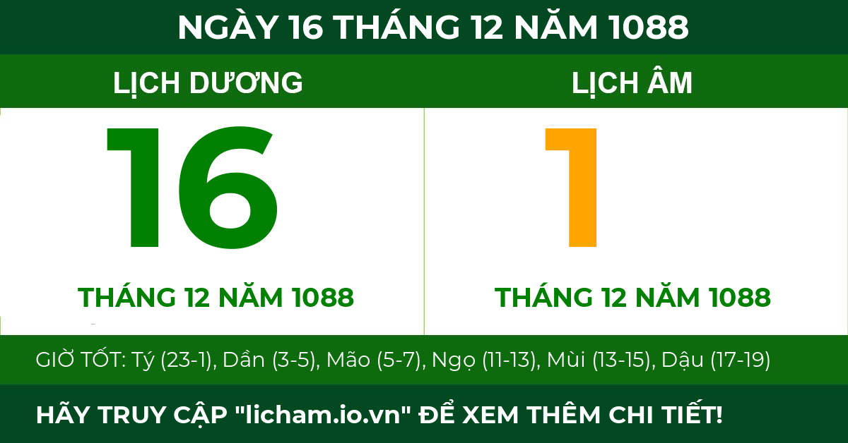 lịch âm ngày 16 tháng 12 năm 1088