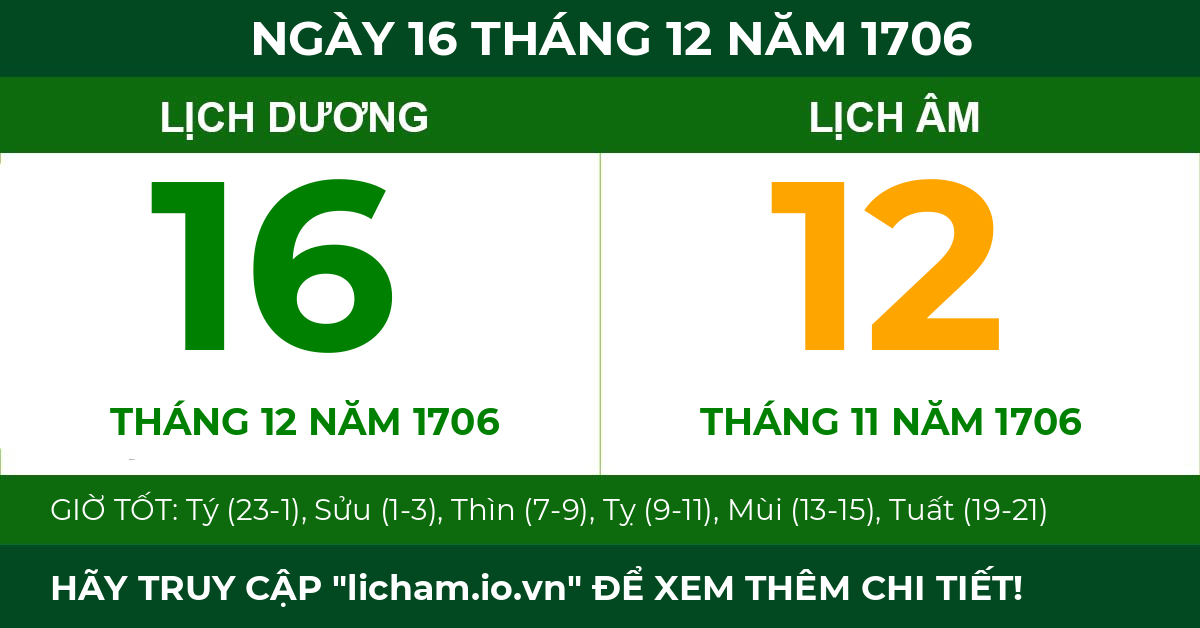 lịch âm ngày 16 tháng 12 năm 1706
