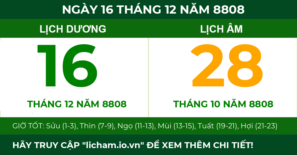 lịch âm ngày 16 tháng 12 năm 8808