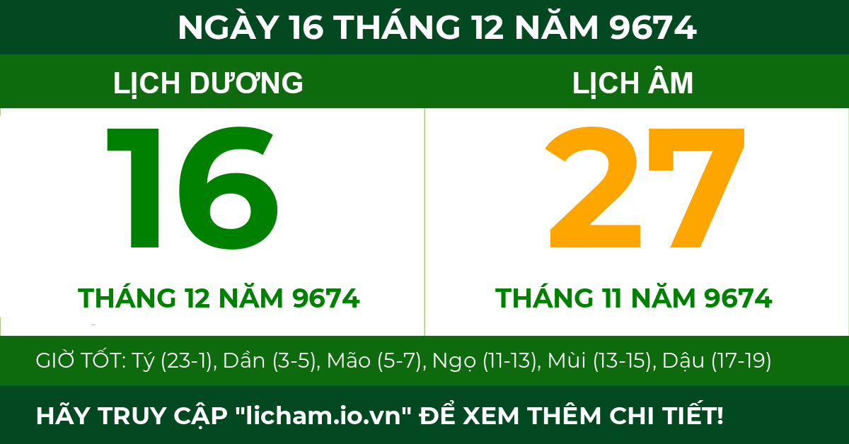 lịch âm ngày 16 tháng 12 năm 9674