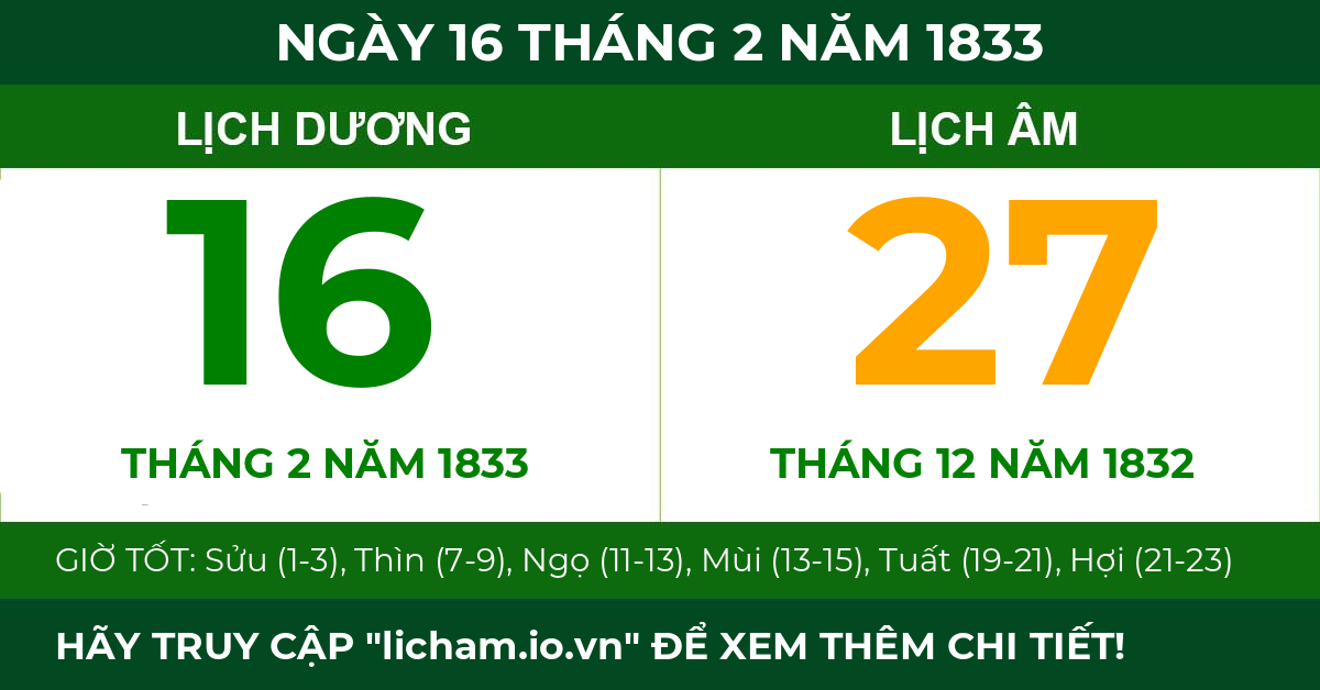 lịch âm ngày 16 tháng 2 năm 1833