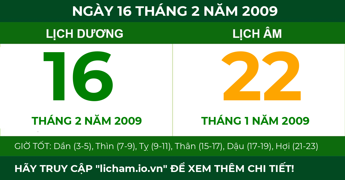 lịch âm ngày 16 tháng 2 năm 2009