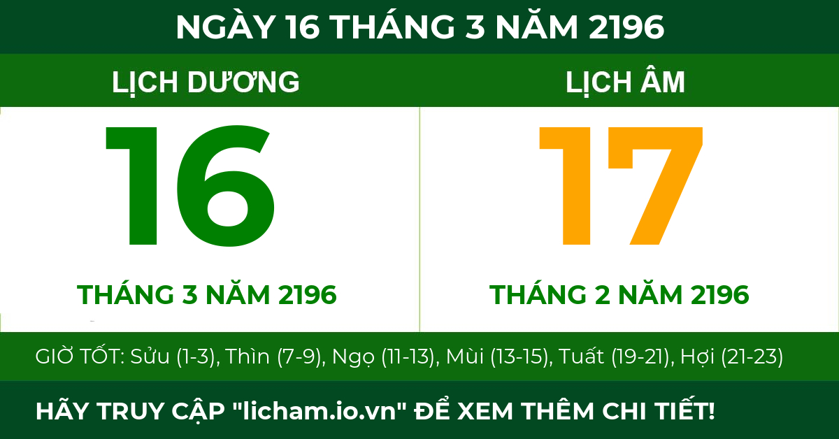 lịch âm ngày 16 tháng 3 năm 2196