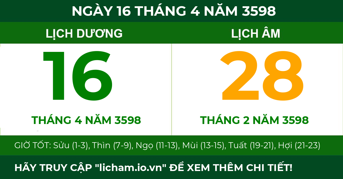 lịch âm ngày 16 tháng 4 năm 3598