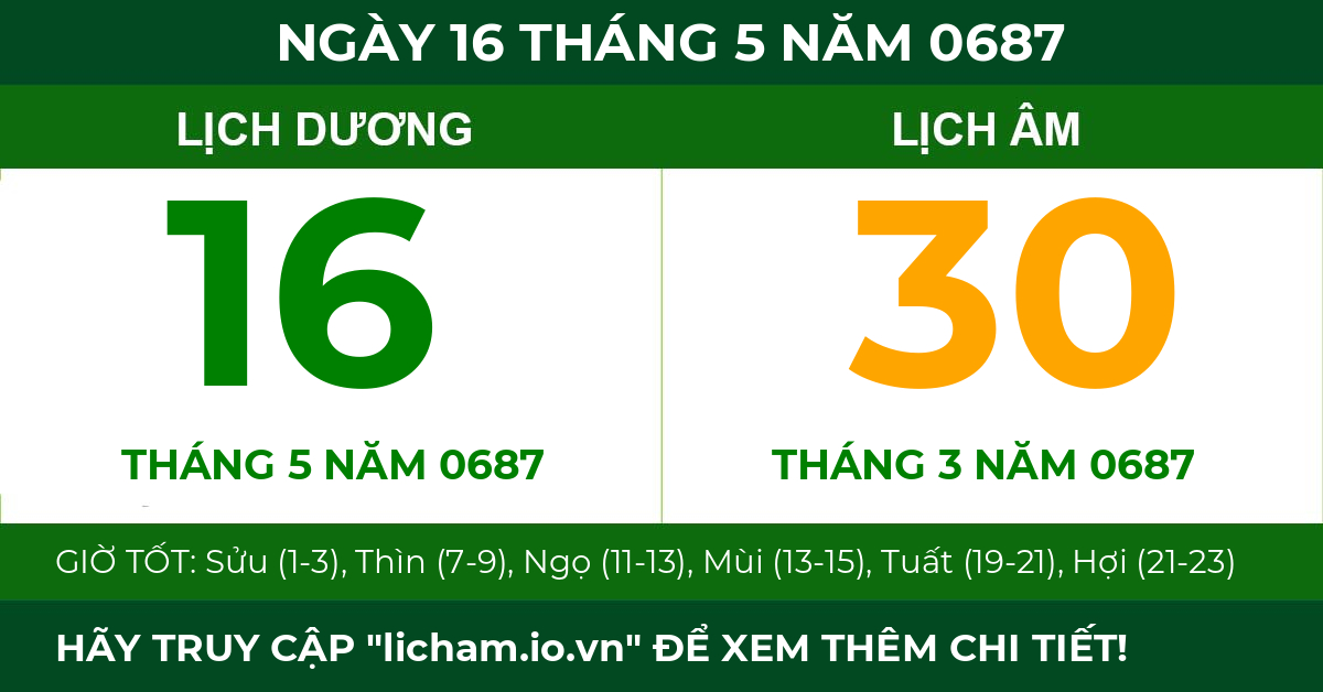 lịch âm ngày 16 tháng 5 năm 0687