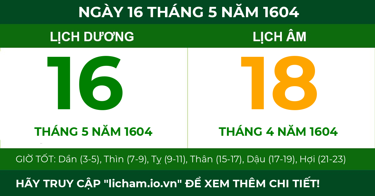 lịch âm ngày 16 tháng 5 năm 1604
