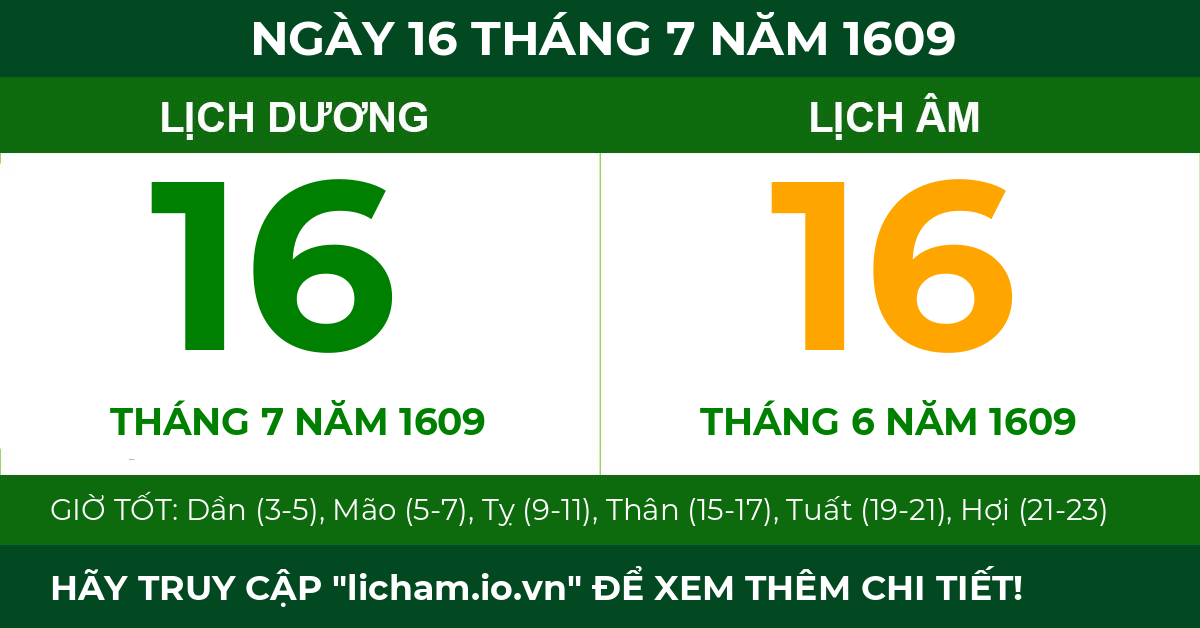 lịch âm ngày 16 tháng 7 năm 1609