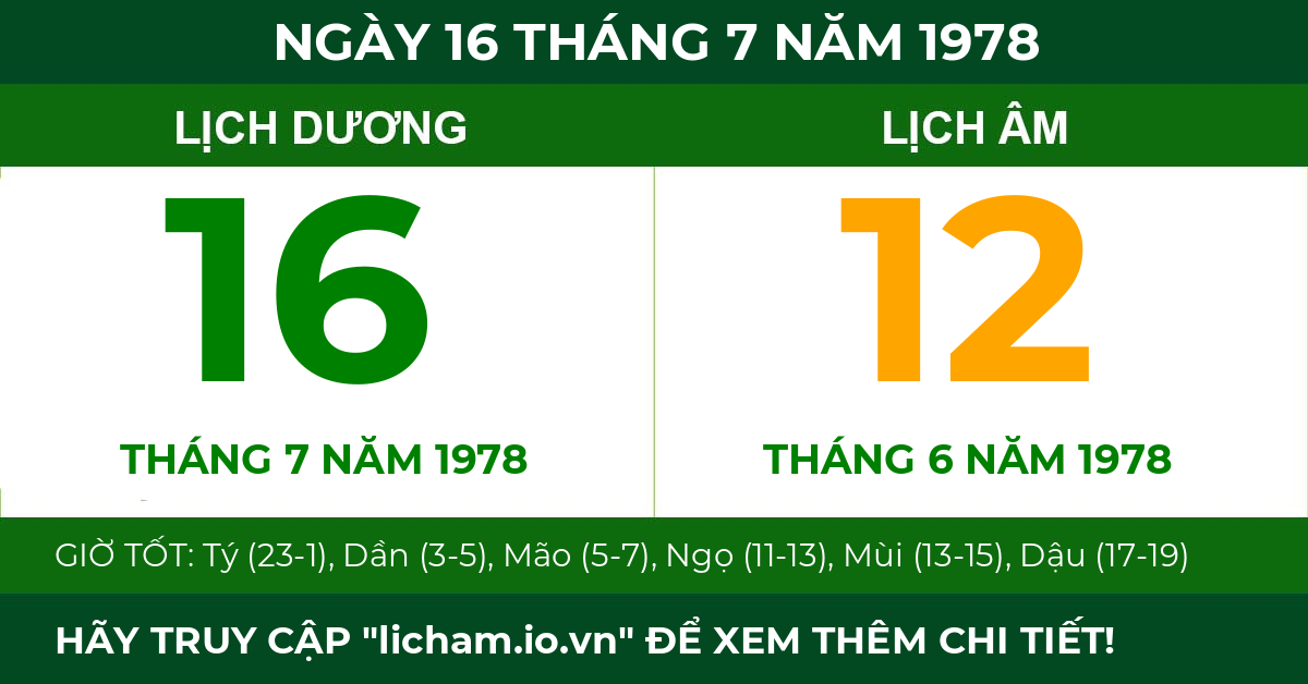 lịch âm ngày 16 tháng 7 năm 1978