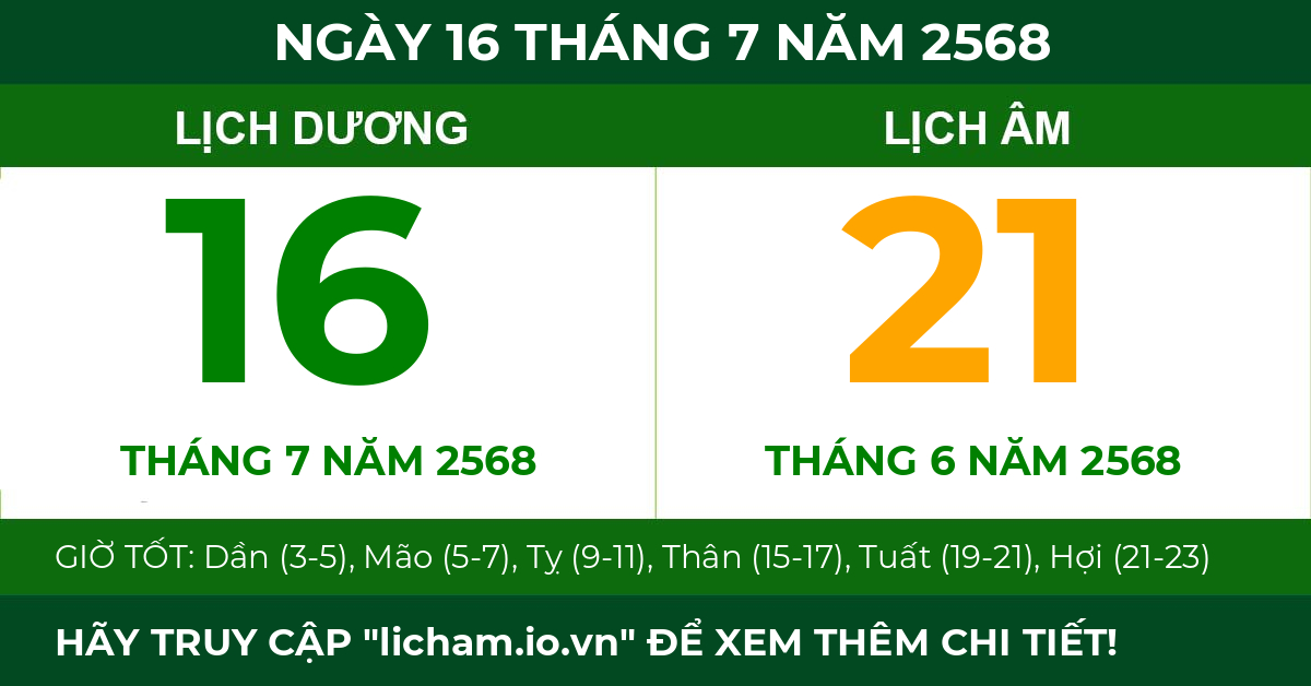 lịch âm ngày 16 tháng 7 năm 2568