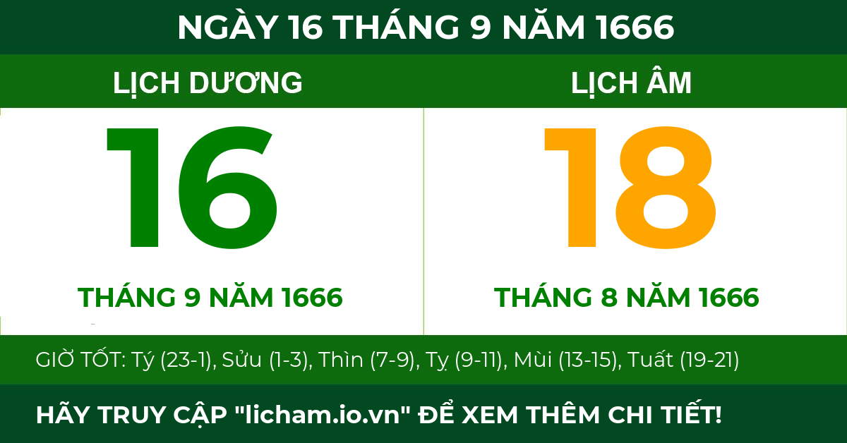 lịch âm ngày 16 tháng 9 năm 1666