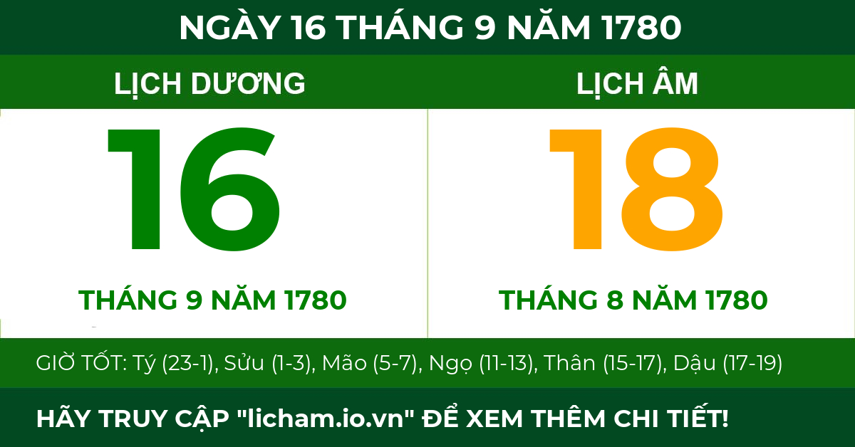 lịch âm ngày 16 tháng 9 năm 1780