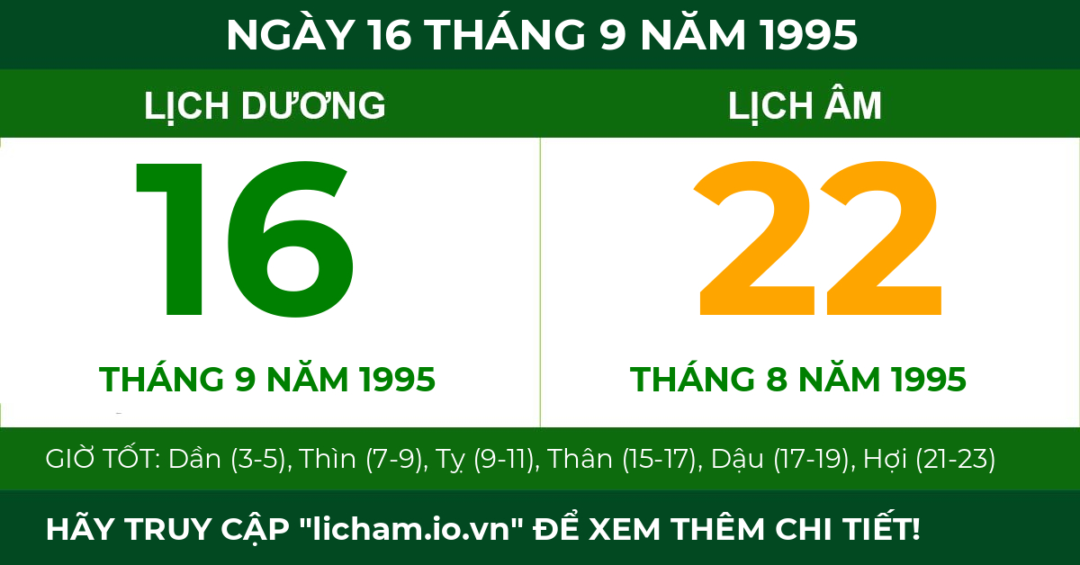 lịch âm ngày 16 tháng 9 năm 1995