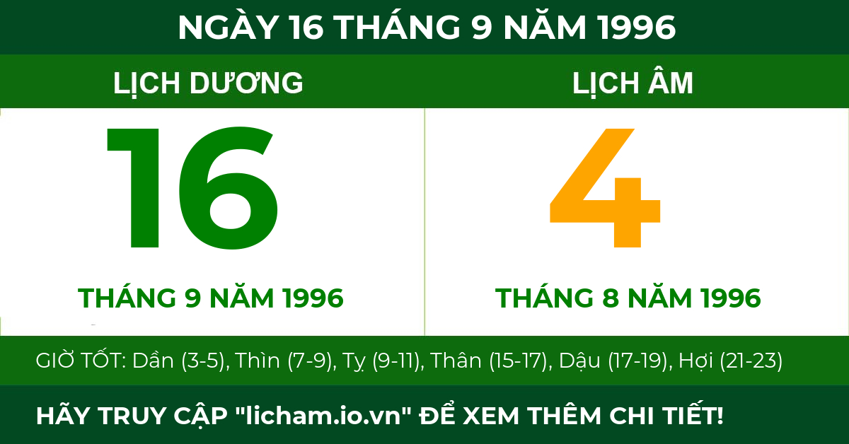 lịch âm ngày 16 tháng 9 năm 1996