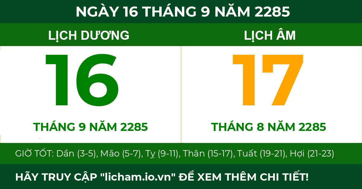 lịch âm ngày 16 tháng 9 năm 2285