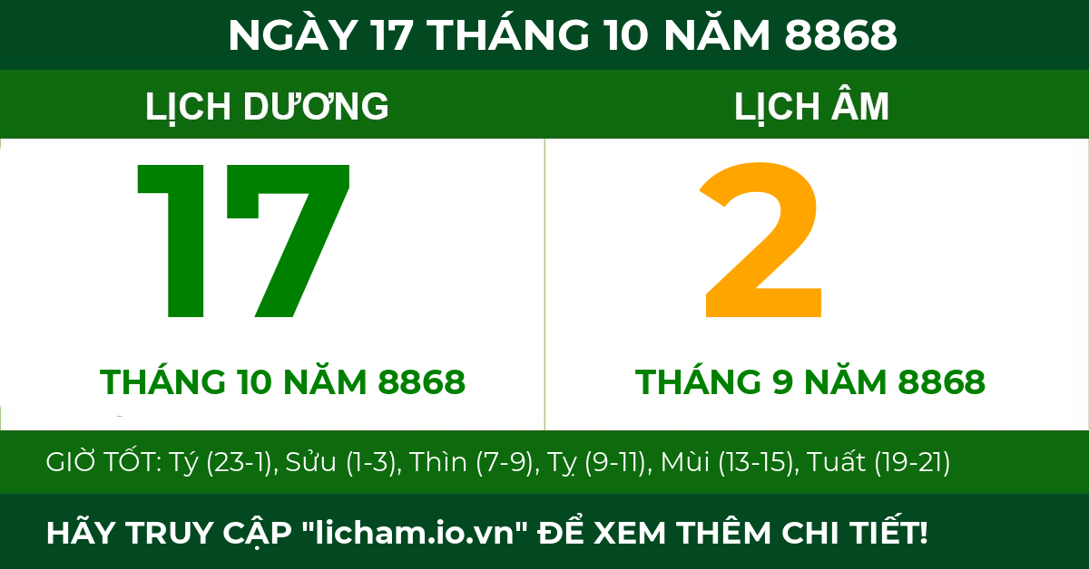 lịch âm ngày 17 tháng 10 năm 8868