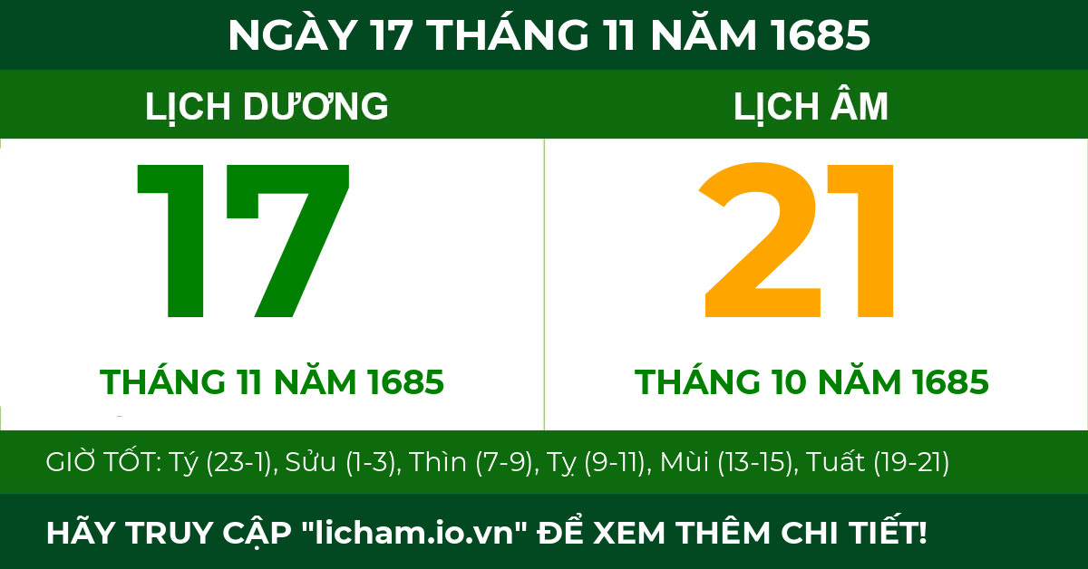 lịch âm ngày 17 tháng 11 năm 1685