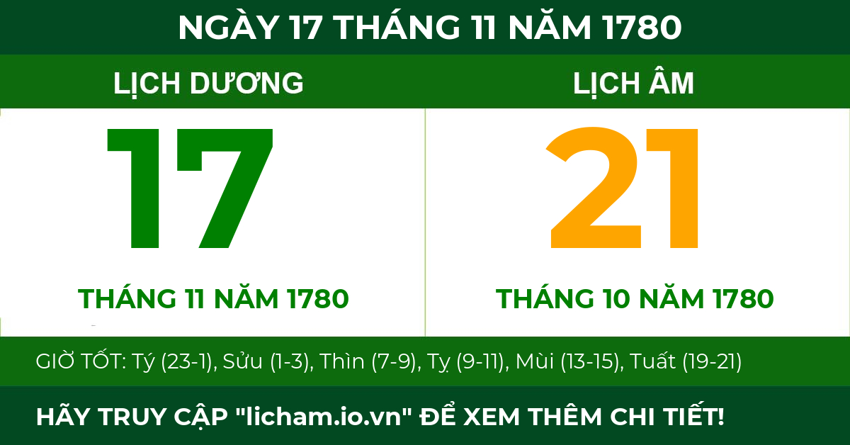 lịch âm ngày 17 tháng 11 năm 1780