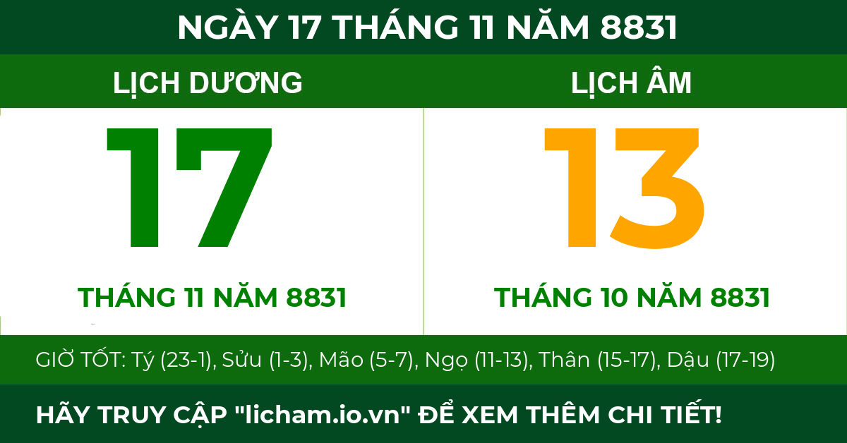 lịch âm ngày 17 tháng 11 năm 8831