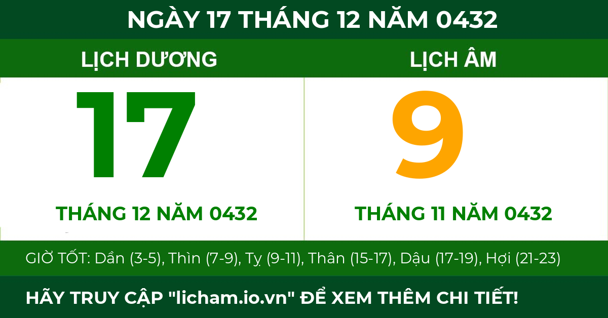 lịch âm ngày 17 tháng 12 năm 0432