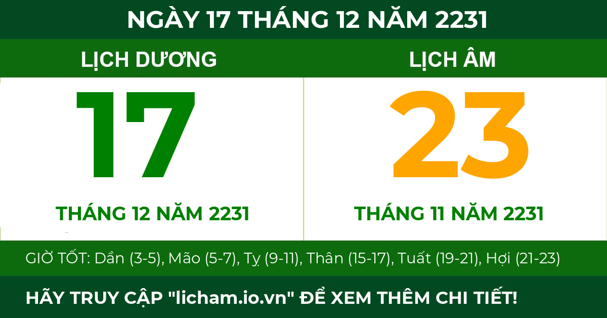 lịch âm ngày 17 tháng 12 năm 2231