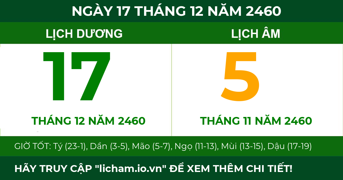 lịch âm ngày 17 tháng 12 năm 2460