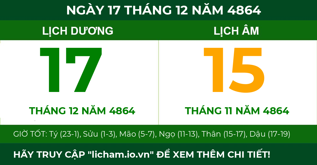 lịch âm ngày 17 tháng 12 năm 4864