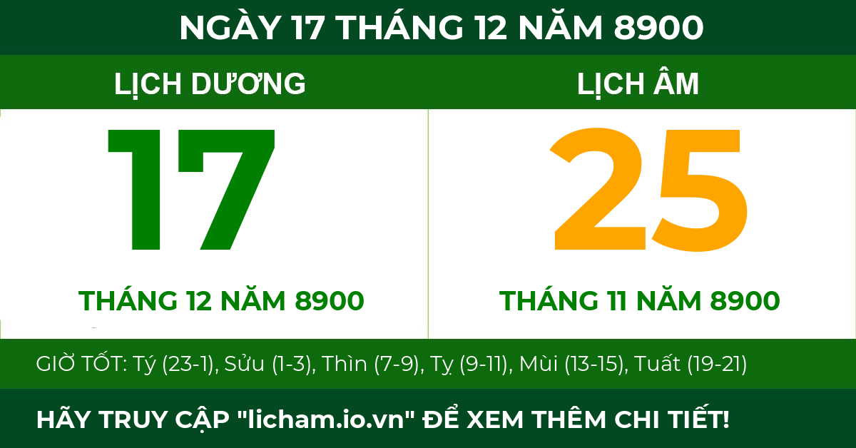 lịch âm ngày 17 tháng 12 năm 8900