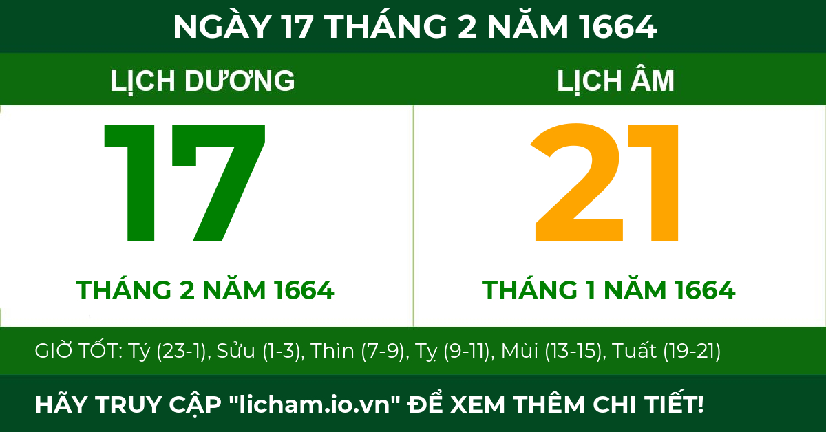 lịch âm ngày 17 tháng 2 năm 1664